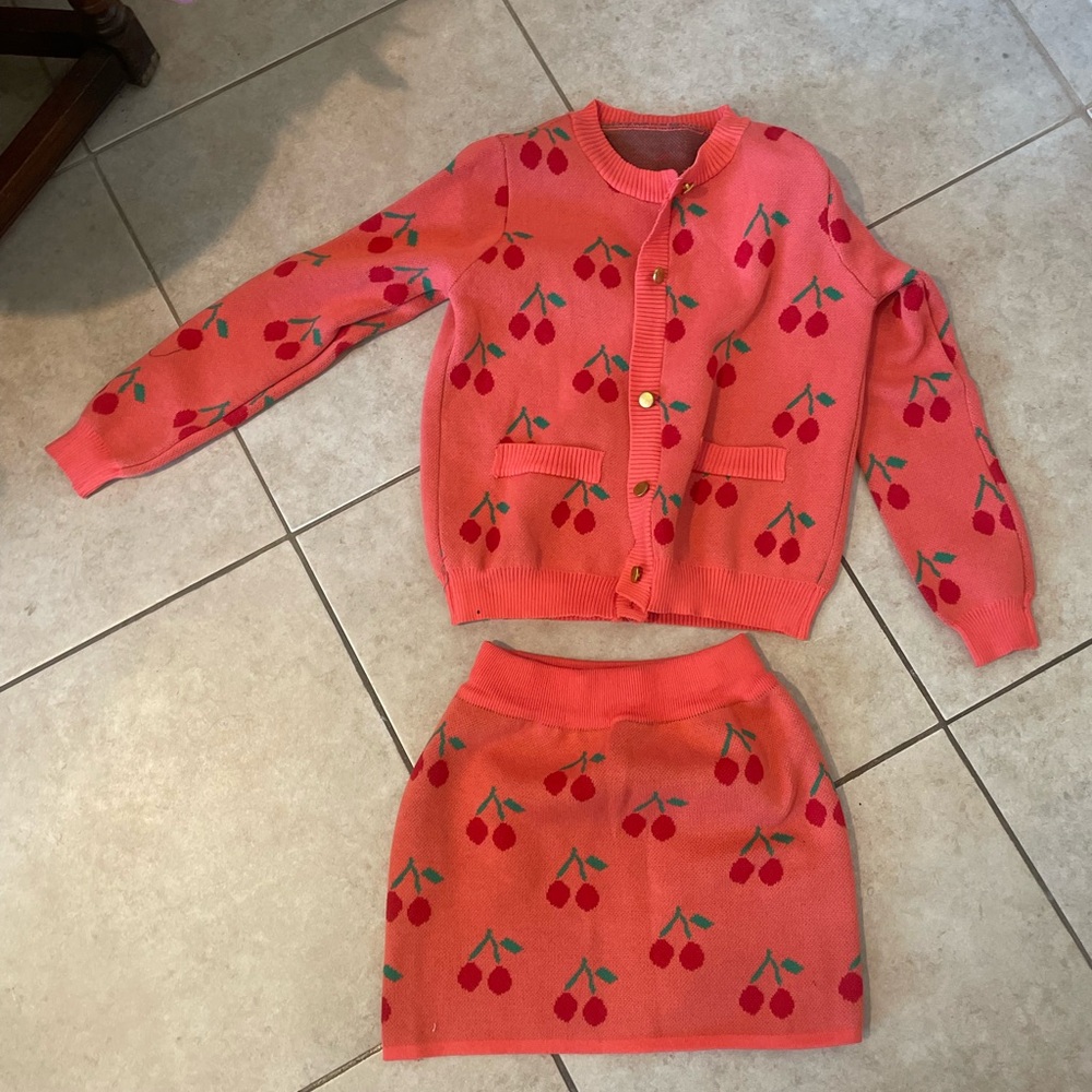 Cherry Print Cardigan and Skirt Set